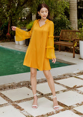 Asymmetric Tiered Silk Dress with Cowl Neckline and Sheer Sleeves